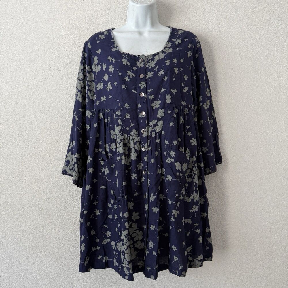April Cornell Rayon Floral Babydoll Tunic Dress M Purple Cottagecore Lagenlook